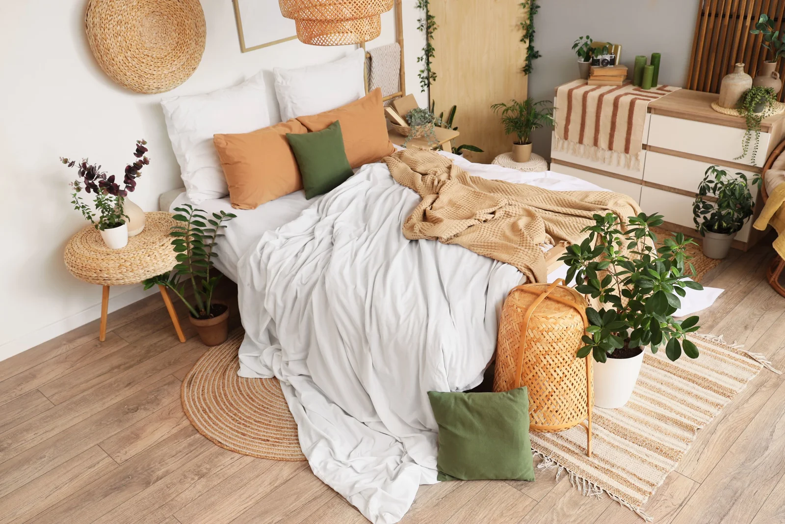 A freshly made bed with clean white linens and earth-toned throws